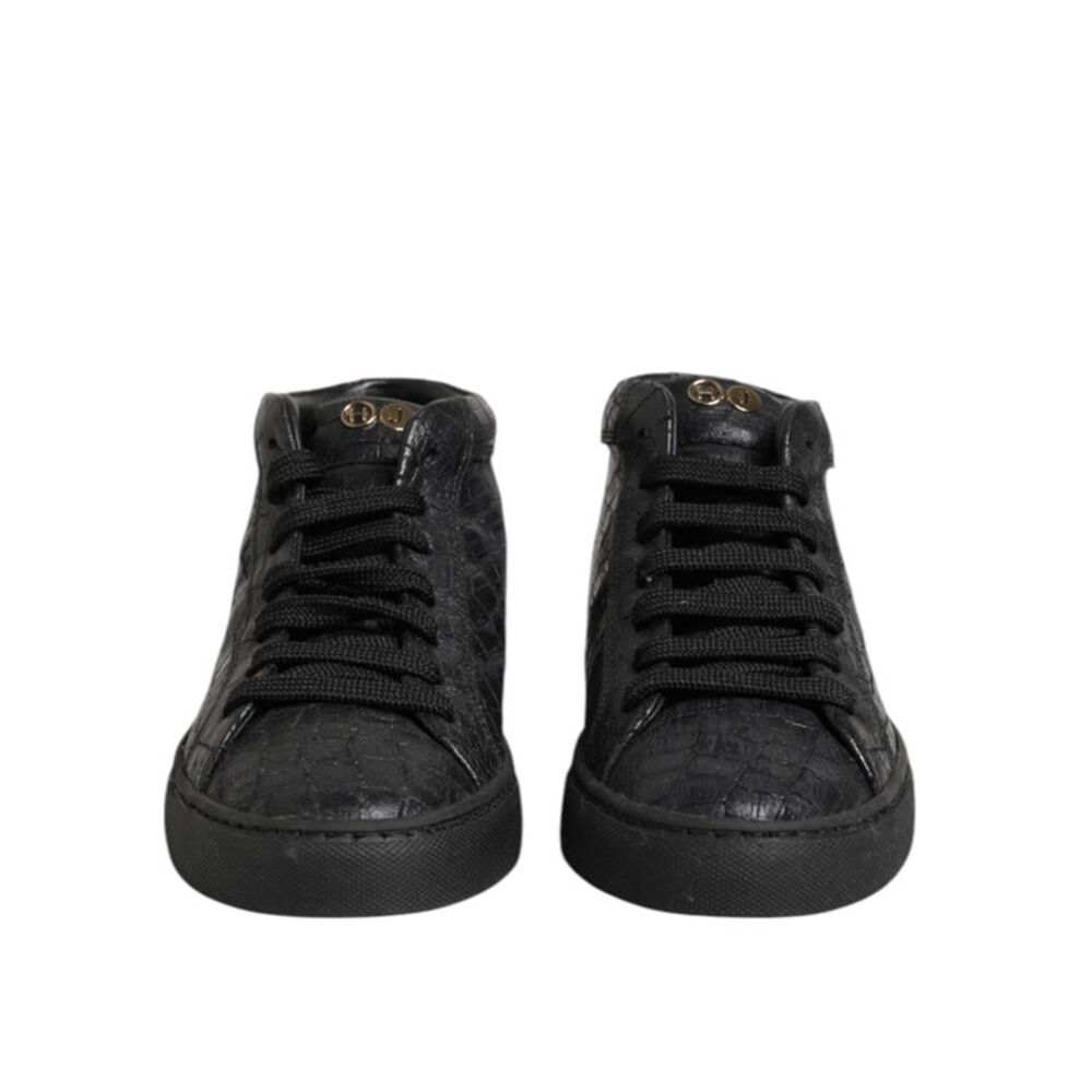 HIDE & JACK Black Leather Lace Up Mid Top Sneakers Women's Shoes
